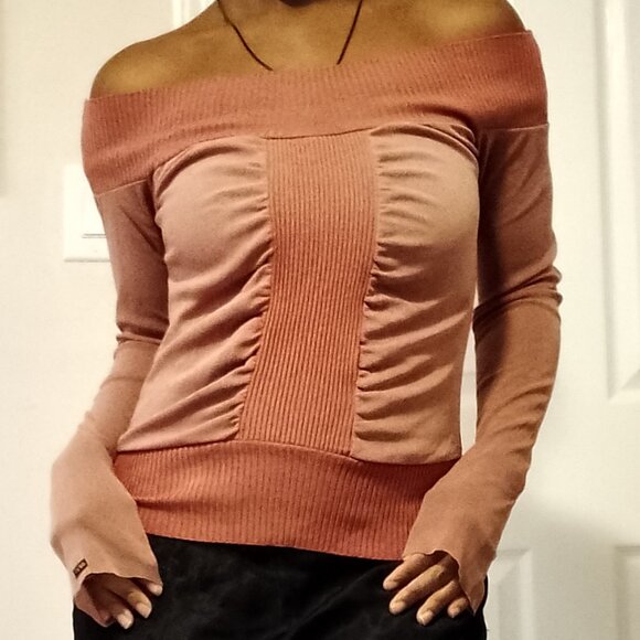 Off-the-shoulder Pink Mesh Longsleeve Top - Picture 1 of 4